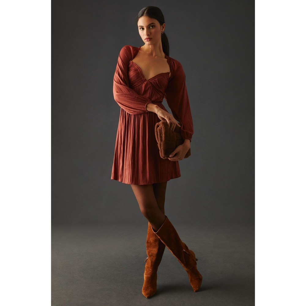 ANTHROPOLOGIE Bronze Rose Shirred Cutout Smocked Mini Dress Size XL